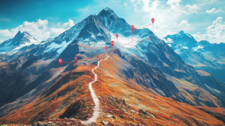 Mountainous pathway with key business milestones marked, highlighting success points along a rugged journey.の素材
