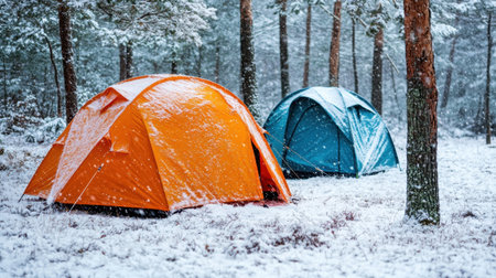 Windproof tents engulfed in a blizzard, surrounded by snow-laden trees, winter camping in extreme snow conditions.の素材