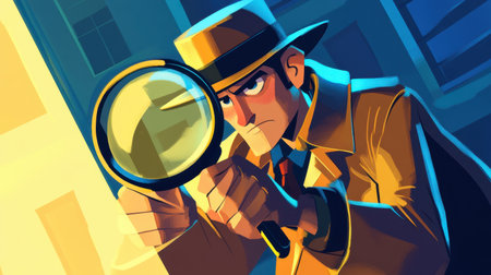 A colorful cartoon detective in a trench coat and hat peers through a magnifying glass, great for mystery, adventure, and fun educational content.の素材