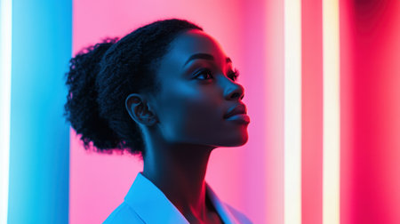 A calm healthcare professional in profile, surrounded by a modern neon-lit backdrop, symbolizing focus and serenity.の素材