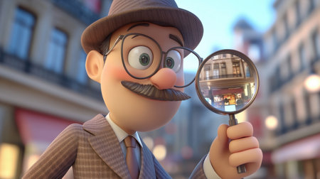 A cheerful cartoon detective examines evidence with a magnifying glass, ideal for mystery stories, adventure-themed projects, or playful detective branding.の素材