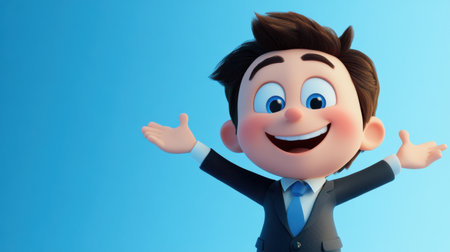 A cheerful cartoon character in a suit presents an idea with excitement, standing confidently against a light blue background, ideal for business presentations.の素材