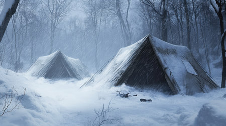Windproof tents huddled in a snowy forest, snow piling up as the storm rages, creating a true winter camping adventure.の素材