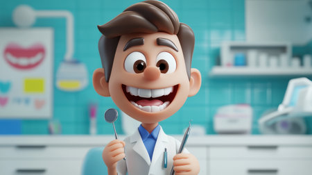 A cheerful cartoon dentist with a dental tool in hand, radiating professionalism and warmth, perfect for promoting oral health services.の素材