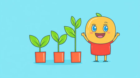 A cheerful cartoon character presents a growth chart with a plant sprouting, symbolizing business growth, finance, and sustainability in a vibrant styleの素材