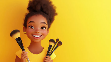 A cheerful cartoon character holds makeup brushes in a vibrant yellow setting, symbolizing creativity and beauty.の素材