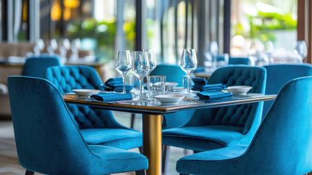 Elegant dining set with a blue color scheme, perfect for a chic restaurant setting, offering a sophisticated dining experience.の素材