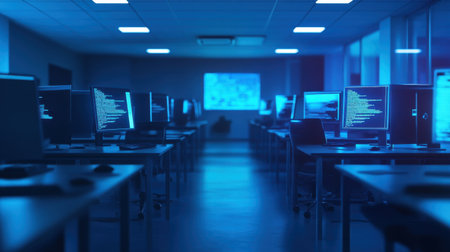 Dark computer lab with rows of desks, blue light from monitors displaying code illuminates the space, creating a focused atmosphereの素材