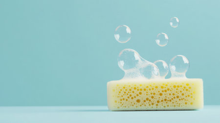 Cleanliness concept with a kitchen sponge and soap bubbles on a simple blue background, minimalist design, clean linesの素材