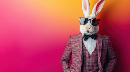 Easter bunny in a formal suit and trendy sunglasses, looking cool and modern against a vibrant backdrop.の素材
