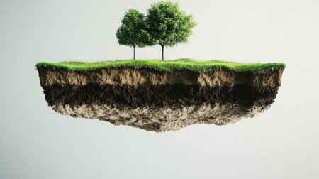 Green grass atop a floating landmass, soil layers revealed below, perfect for environmental themes.の素材