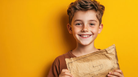 A cheerful boy holds a treasure map with a big smile, set against a bright yellow background, ready for a fun-filled adventure.の素材
