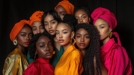 Dynamic group of women in bold colors, celebrating diversity and empowerment for International Women Day.の素材