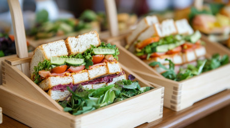 Elegant morning tea platters with fresh sandwiches and salad, displayed on wooden boxes for a corporate event.の素材