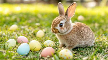 Cute Easter bunny enjoying a sunny spring day in the grass, surrounded by pastel-colored Easter eggs.の素材