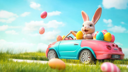 Cool Easter bunny driving a colorful car, delivering Easter eggs with style and a big smile on a sunny day.の素材