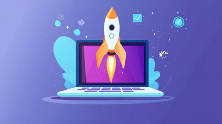 Dynamic rocket emerging from a laptop screen, capturing the concept of modern technology and online success.の素材