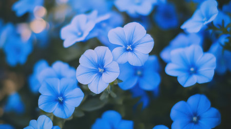 Vibrant blue spring flowers blooming in the foreground, their beauty enhanced by a soft, blurry background.の素材