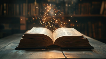 Magical book with floating, glowing text and swirling energy, representing the boundless creativity unlocked through reading.の素材