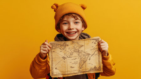 A cheerful boy with a treasure map, eyes full of excitement, on a yellow background, representing adventure and explorationの素材