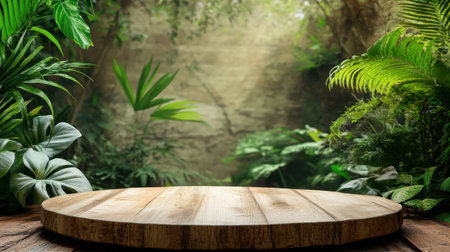 Jungle forest with wooden display podium, sunlight filters through, a perfect backdrop for organic products.の素材