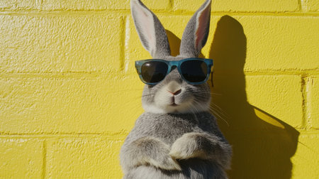 Suave Easter bunny in sunglasses, set against a cheerful yellow wall, blending holiday charm with cool style.の素材
