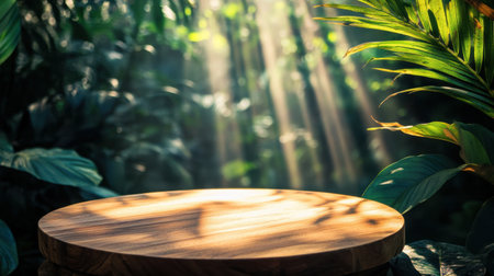 Wooden podium in a jungle setting, sunlight streaming through leaves, ideal for organic product presentations.の素材