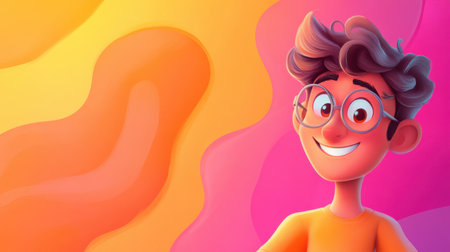 Cartoon character with a blank frame, smiling brightly on a colorful backdrop, ideal for advertising or marketingの素材