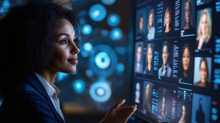 HR team analyzing a recruitment dashboard filled with diverse candidate profiles, utilizing diversity analytics for inclusive hiringの素材