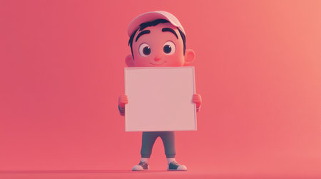 Cute cartoon character holding a blank frame on a bold, colorful background, perfect for personalized content.の素材