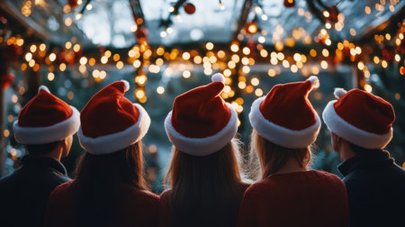 Carolers wearing Santa hats, standing in a festive space filled with Christmas lights and decorations, spreading joyful melodies.の素材