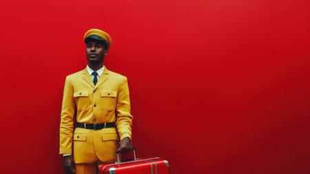 A bright and cheerful young bellhop, suitcase in hand, stands ready for a new journey, with a striking red background showcasing excitement and travel.の素材