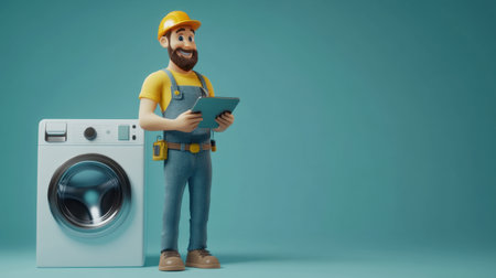 A cheerful technician character stands next to a washing machine with a tablet, ready to fix any issue with a smile, ideal for home repair themes.の素材