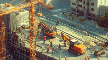 Tiny workers in bright orange helmets operate miniature machinery, building an intricate cityscape with roads, buildings, and scaffoldingの素材