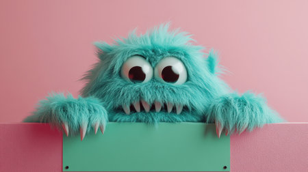 A joyful fluffy monster looks over a mint green sign on a pink backdrop, bringing a sense of fun and whimsy to any design.の素材