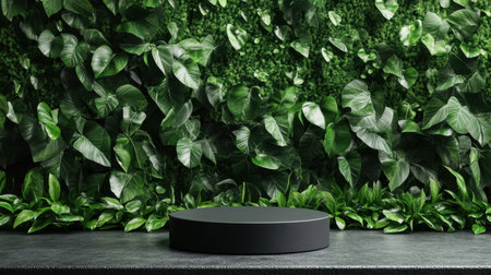 A sleek display podium amidst lush greenery, offering a peaceful, nature-inspired setting for highlighting products in a minimalistic style.の素材