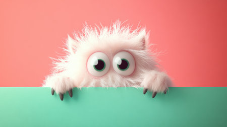 A playful fluffy monster peeks over a mint green sign against a pink backdrop, perfect for whimsical and fun designs.の素材
