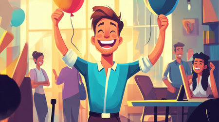 A happy cartoon character with a balloon celebrates in a colorful office environment, surrounded by colleagues, representing success and team spirit.の素材