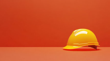 A vibrant yellow hard hat on an orange background, perfect for symbolizing safety and construction in a sleek, minimalist setting.の素材