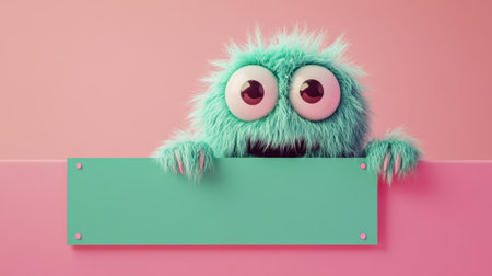 A joyful fluffy monster looks over a mint green sign on a pink backdrop, bringing a sense of fun and whimsy to any design.の素材