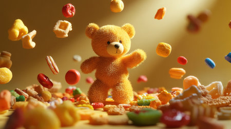 A joyful teddy bear amidst falling snacks, conveying happiness and playfulness, ideal for designs aimed at childrenの素材