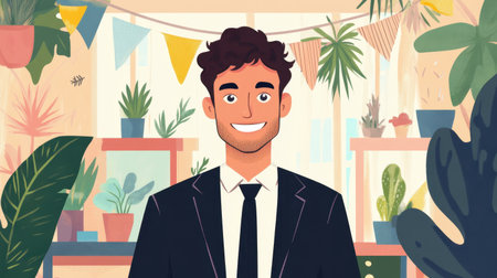 A happy cartoon businessman in a colorful office, surrounded by plants and decorations, symbolizing a welcoming work environment.の素材
