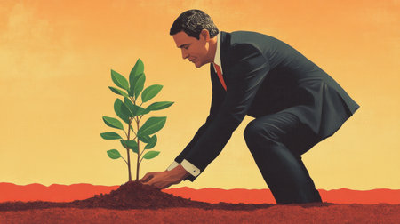 Businessman planting a tree sapling in fertile soil, symbolizing commitment to sustainability and future growth.の素材