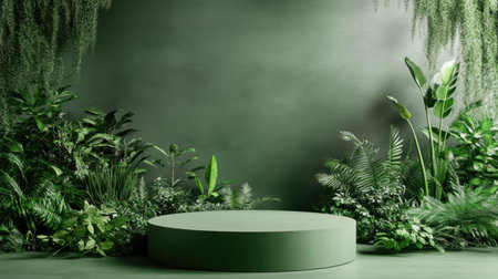 A minimalistic podium encircled by lush green plants, perfect for displaying products in a calm, nature-inspired atmosphere.の素材