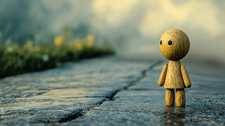 A wooden figure stands alone, apart from a group, illustrating themes of confusion, stress, and mental isolation.の素材