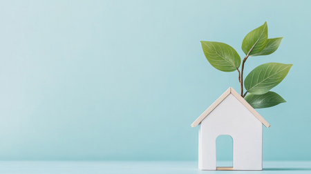 Simple house model with a fresh green plant, placed against a pastel blue background, representing tranquility and eco-living.の素材