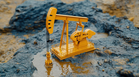 A yellow oil pump jack model on a rugged surface, symbolizing fossil fuel extraction and the energy sector, in a close-up shot.の素材