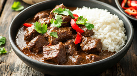 A bowl of Indonesian beef rendang with tender chunks of beef in a spicy, fragrant coconut sauce, served with rice on the side.の素材