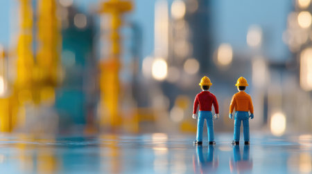 Two toy construction figures symbolize teamwork and safety, standing in front of a vibrant industrial backdrop, ideal for collaboration and safety themes.の素材