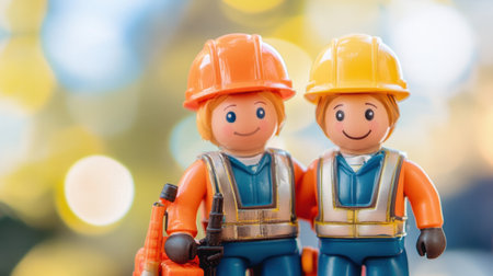 Two cheerful toy construction workers stand side by side, representing teamwork and safety, with a colorful industrial background for a playful theme.の素材